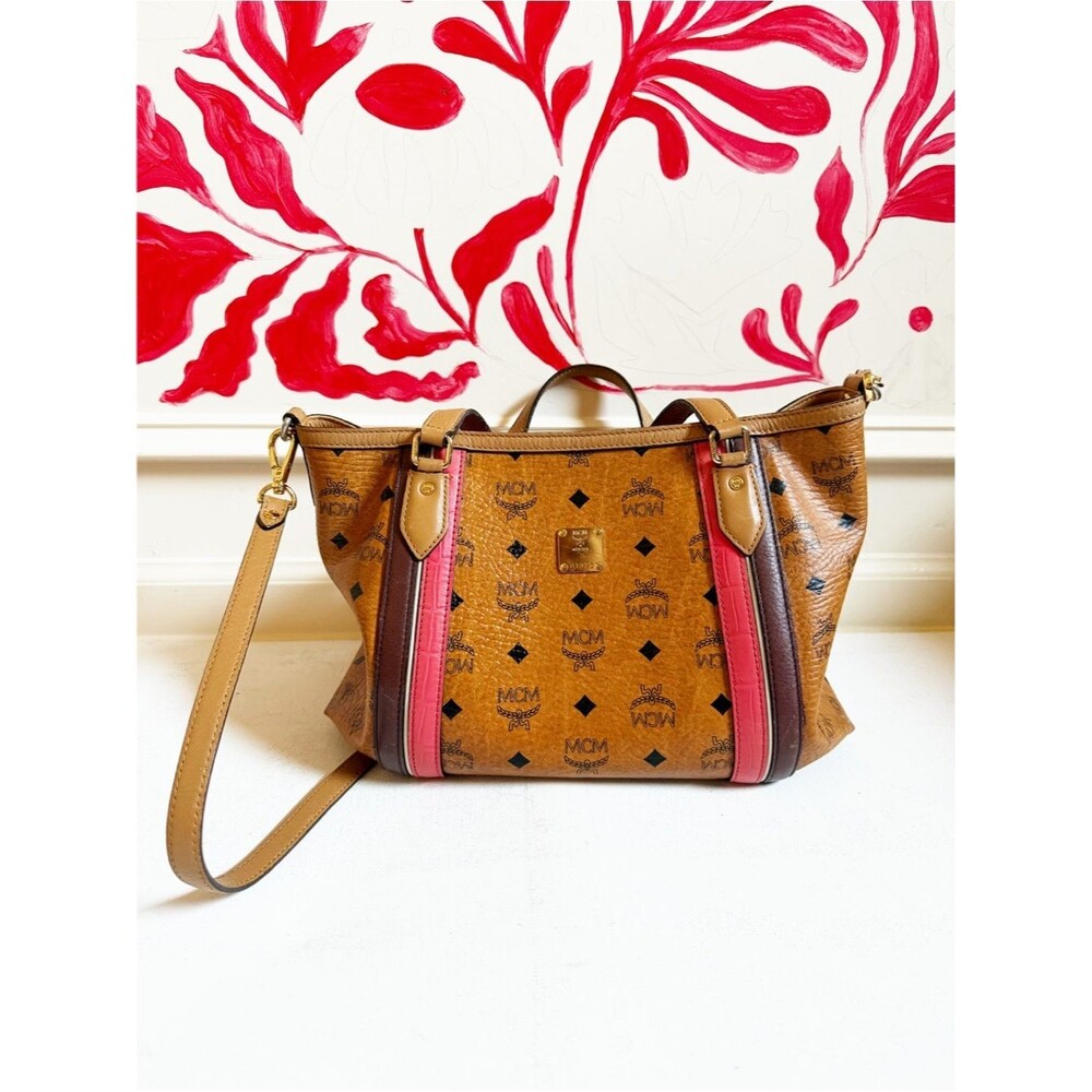 MCM Visetos Medium Cognac Tote Bag Leather Pink Stripe Crossbody Zip